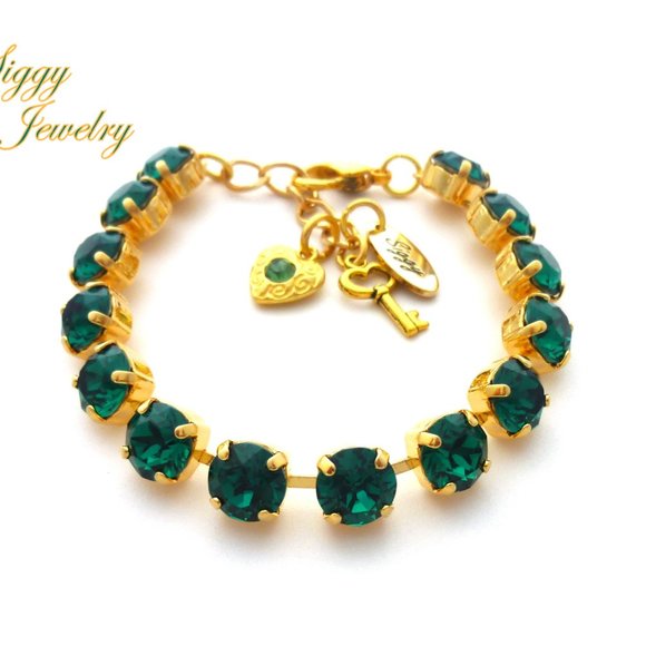 Emerald Green Tennis Bracelet made with Genuine Swarovski crystals Gold Finish - Picture 3 of 10